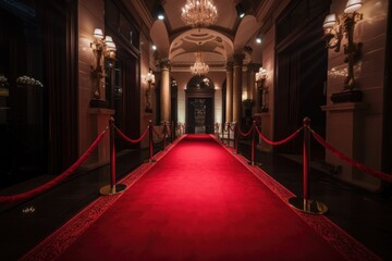red carpet leading to the entrance of grand and glamorous event, created with generative ai