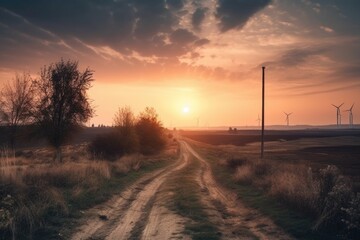 rural landscape with wind turbines and sunset sky, created with generative ai