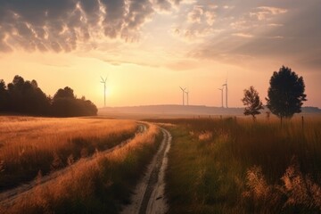 Fototapeta na wymiar rural landscape with wind turbines and sunset sky, created with generative ai