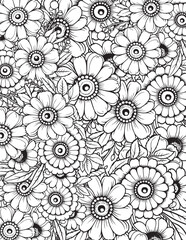 Flower Kids and Adult Coloring page spring and summer doodle elements. Mandala pattern with floral elements on white background design for flower mandala coloring book.