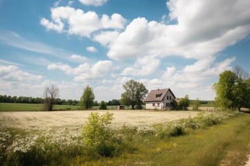 rural landscape with clear blue skies and puffy clouds, perfect for a warm summer day, created with generative ai