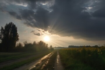 rural scene with sun peeking through the clouds, bringing rays of light, created with generative ai