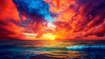 Fototapeta na wymiar sunset over the ocean, the sky ablaze with color, Generative AI