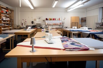 sewing studio, with fabrics and tools neatly arranged on tables, created with generative ai