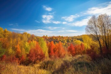 forest with colorful autumn foliage and vibrant blue sky, created with generative ai