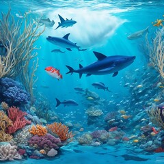 "Create a backdrop that takes us into the depth of the ocean, showcasing diverse marine life."

