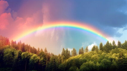 Naklejka premium rainbow forming in the sky after a summer storm, a reminder of the beauty of nature, Generative AI