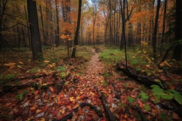 Obraz premium forest trail with colorful foliage and fallen leaves, created with generative ai