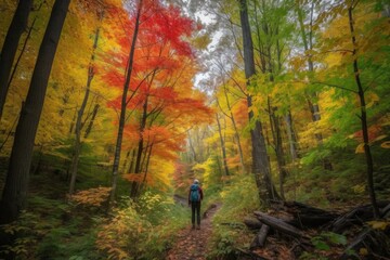 Obraz premium hiker, surrounded by towering trees and colorful foliage, on a serene autumn forest hike, created with generative ai