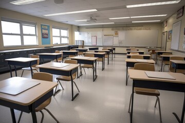 an empty classroom with rows of desks, ready for students to arrive and start learning, created with generative ai