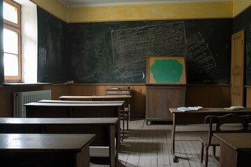 classroom with blackboard and chalk, ready for lessons to be written, created with generative ai