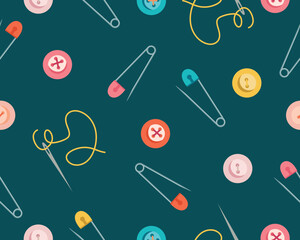 Vector seamless pattern using sewing tools. Illustration of safety pins, needles and buttons. Vector illustration in a flat style