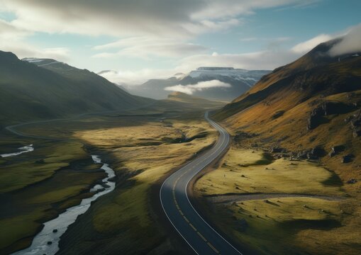 An empty winding road in between mountains. Generative AI. 