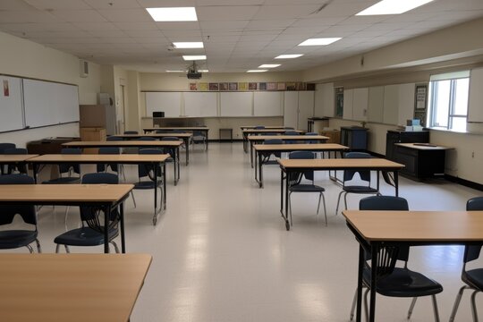 an empty classroom with rows of desks, ready for students to arrive and start learning, created with generative ai