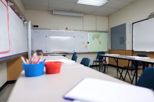 empty classroom with whiteboard and markers, ready for lesson plan, created with generative ai