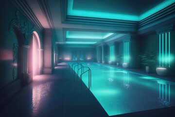Fototapeta premium modern hotel pool with sleek swim lanes and underwater light show, created with generative ai