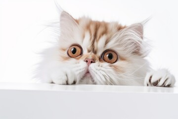 Close-up portrait photography of a funny persian cat climbing against a white background. With generative AI technology