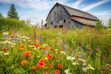 Fototapeta na wymiar rustic barn surrounded by blooming flower fields, with bright and colorful flowers, created with generative ai