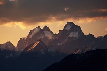 majestic mountain range, with the sun setting behind the peaks, created with generative ai