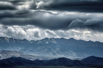 majestic mountain range, with clouds swirling and storms brewing in the distance, created with generative ai