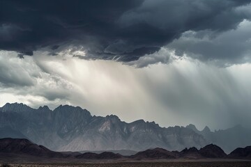 majestic mountain range, with clouds swirling and storms brewing in the distance, created with generative ai