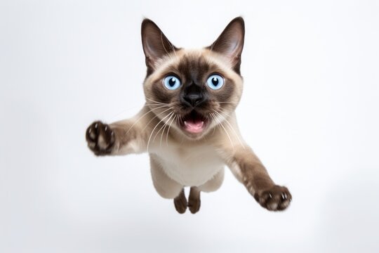 Lifestyle portrait photography of a smiling siamese cat hopping against a white background. With generative AI technology