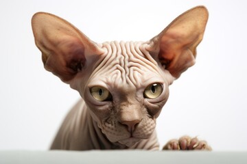 Environmental portrait photography of a tired sphynx cat skulking against a white background. With generative AI technology