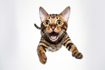 Lifestyle portrait photography of a smiling bengal cat leaping against a white background. With generative AI technology