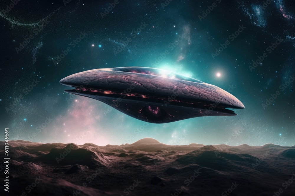 Poster alien life form, with view of the stars and galaxies, floating in space, created with generative ai