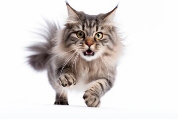 Medium shot portrait photography of a smiling siberian cat running against a white background. With generative AI technology