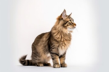 Full-length portrait photography of a cute siberian cat back-arching against a white background. With generative AI technology