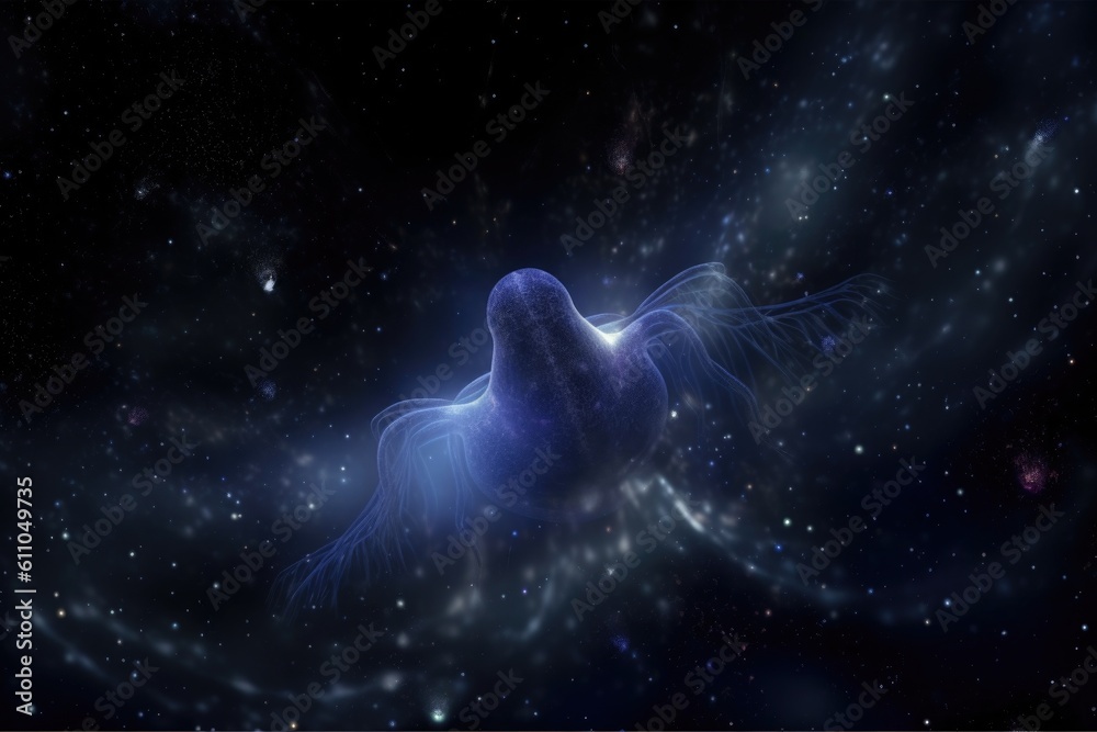 Sticker alien life form, floating in the void of space, surrounded by stars, created with generative ai