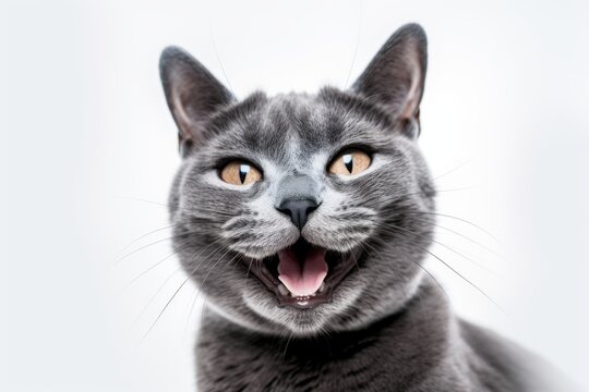 Medium shot portrait photography of a happy russian blue cat skulking against a white background. With generative AI technology