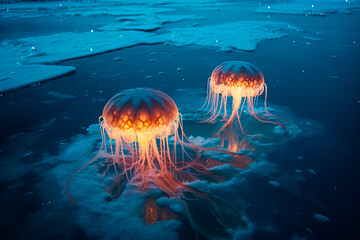 Glowing azure jellyfish. Generative AI