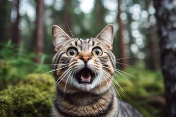 Obraz premium Close-up portrait photography of a happy american shorthair cat begging for food against a forest background. With generative AI technology