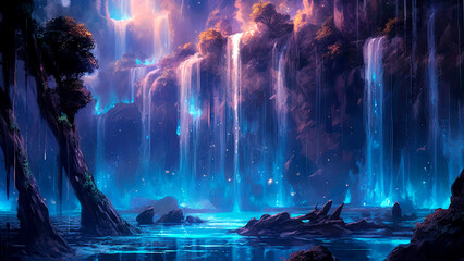 background filled with cascading waterfalls of light, evoking a sense of tranquility and serenity, Generative AI