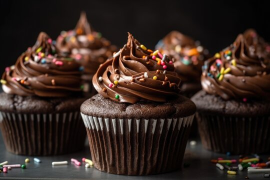 stack of chocolate cupcakes with swirls of frosting and sprinkle of sprinkles, created with generative ai