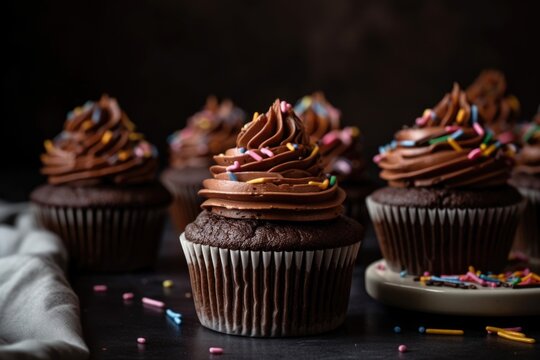 stack of chocolate cupcakes with swirls of frosting and sprinkle of sprinkles, created with generative ai