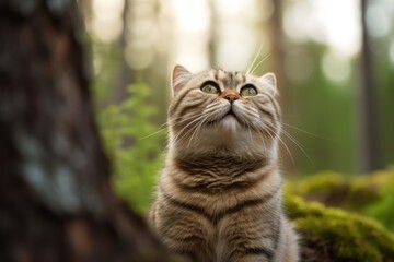 Naklejka na ściany i meble Environmental portrait photography of a smiling scottish fold cat whisker twitching against a forest background. With generative AI technology