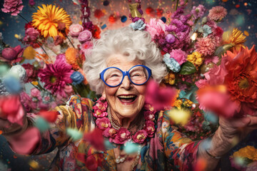 Cheerful, smiling elderly lady with blue glasses and colourful dress celebrating life, surrounded with flowers. Happy grandma.  - obrazy, fototapety, plakaty