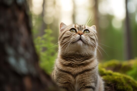 Environmental portrait photography of a smiling scottish fold cat whisker twitching against a forest background. With generative AI technology