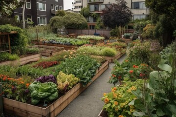 community garden with colorful crops, herbs and vegetables, created with generative ai