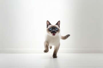 Environmental portrait photography of a smiling siamese cat hopping against a minimalist or empty room background. With generative AI technology
