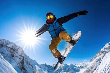Fototapeta na wymiar Thrilling Snowboarder Performing Mid-Air Trick Over Snow-Covered Mountain - AI Generative
