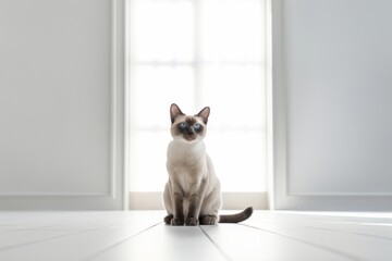Lifestyle portrait photography of a curious siamese cat kneading with hind legs against a minimalist or empty room background. With generative AI technology
