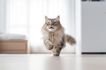 Lifestyle portrait photography of a happy siberian cat playing against a minimalist or empty room background. With generative AI technology
