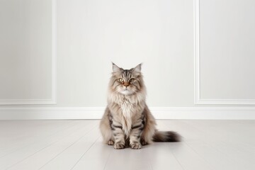 Lifestyle portrait photography of a curious siberian cat crouching against a minimalist or empty room background. With generative AI technology