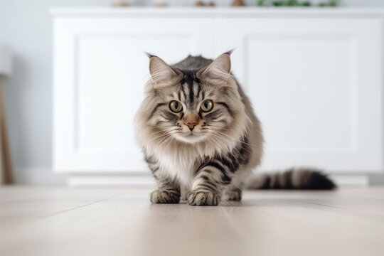 Lifestyle portrait photography of a curious siberian cat crouching against a minimalist or empty room background. With generative AI technology