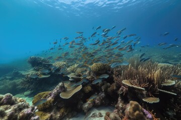 Naklejka na ściany i meble schools of fish swimming among coral reefs, created with generative ai