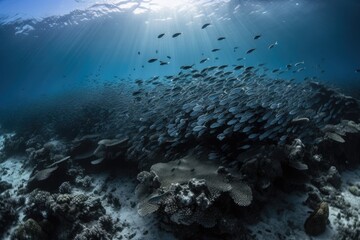 Fototapeta na wymiar schools of fish swimming among coral reefs, created with generative ai